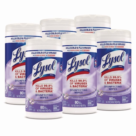 Lysol Disinfecting Wipes, 1-Ply, 7 x 7.25, Early Morning Breeze, White, 80 Wipes/Canister, PK6 19200-89347